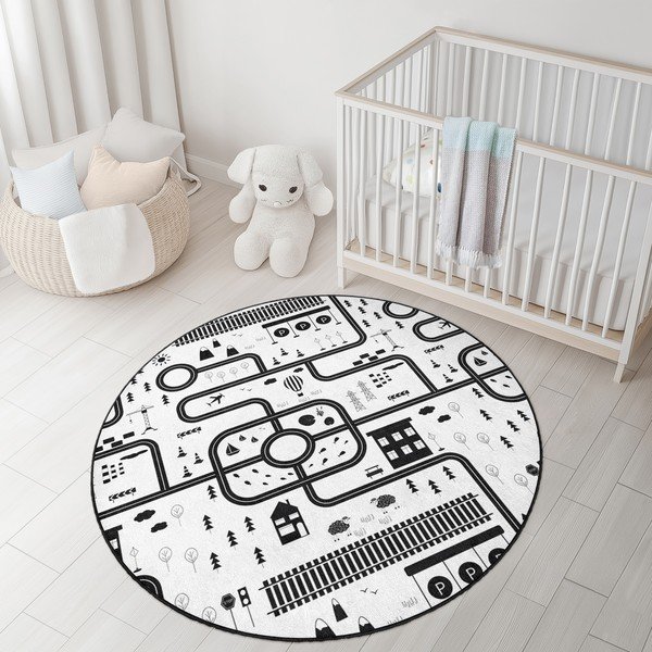 Черно-бял детско килимче за игра подходящо за пране ø100 cm In My Town – Mila Home-image-3