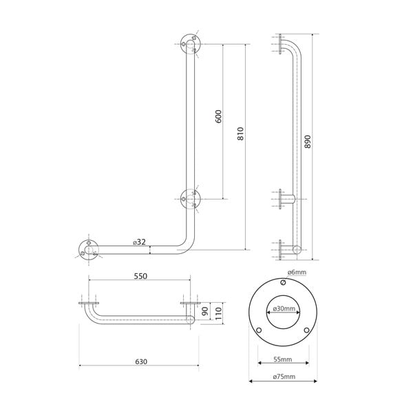 Стенен стоманен парапет за баня 63 cm Handicap Right – Sapho-image-2