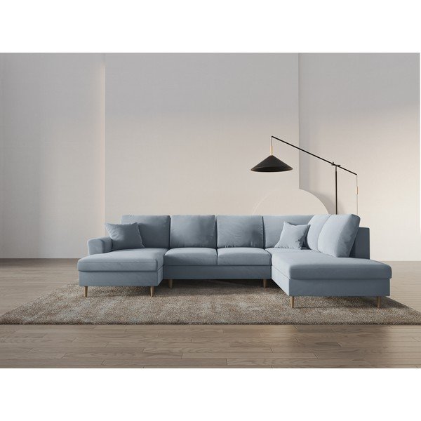 Светлосин кадифен разтегателен ъглов диван с място за съхранение (десен ъгъл/U форма) Kyoto – Cosmopolitan Design-image-2