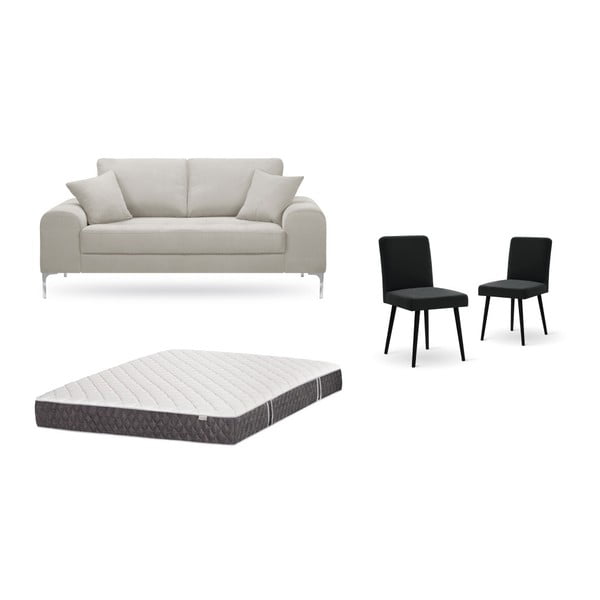 Комплект от двуместен кремав диван, 2 черни стола и матрак 140 x 200 cm - Home Essentials