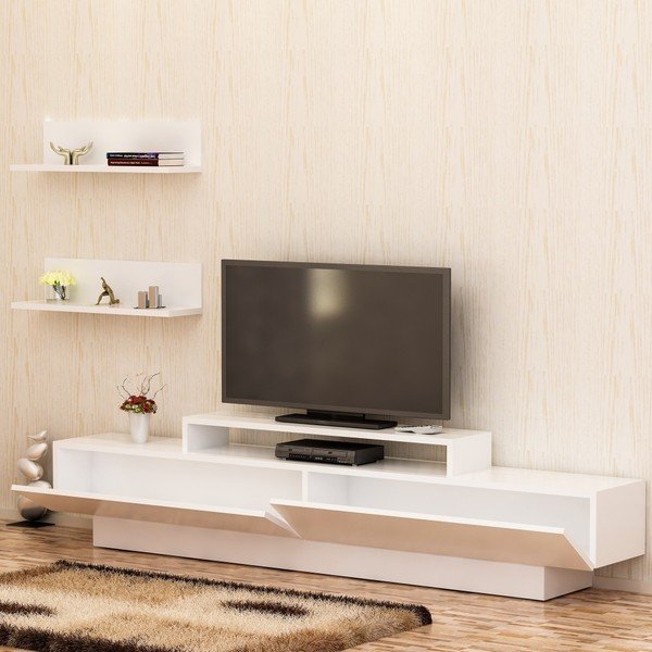 Комплект от бяла маса за телевизор и 2 стенни рафта TV White Lucca - Zena Home-image-3