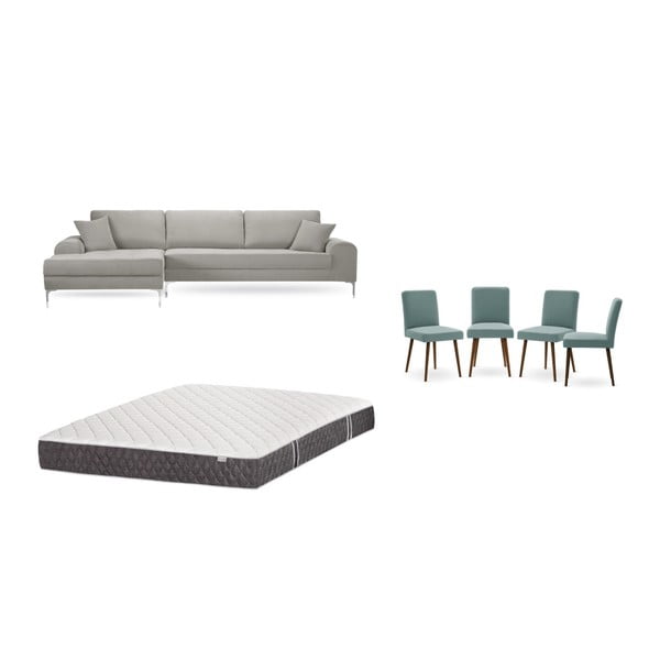 Комплект от светлосив диван с шезлонг отляво, 4 сиво-зелени стола и матрак 160 x 200 cm - Home Essentials