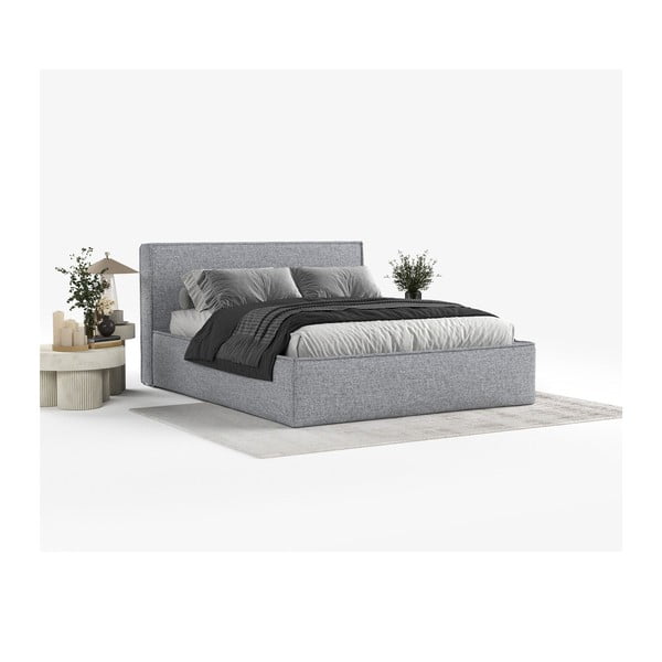 Сиво двойно легло 160x200 cm тапицирано с място за съхранение с включена подматрачна рамка Lounge L – Maison de Rêve-image-1