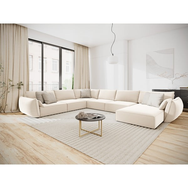 Бежов кадифен ъглов диван (ляв ъгъл/U форма) Vanda – Mazzini Sofas-image-1