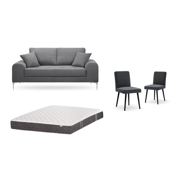 Комплект от двуместен сив диван, 2 антрацитно сиви стола и матрак 140 x 200 cm - Home Essentials