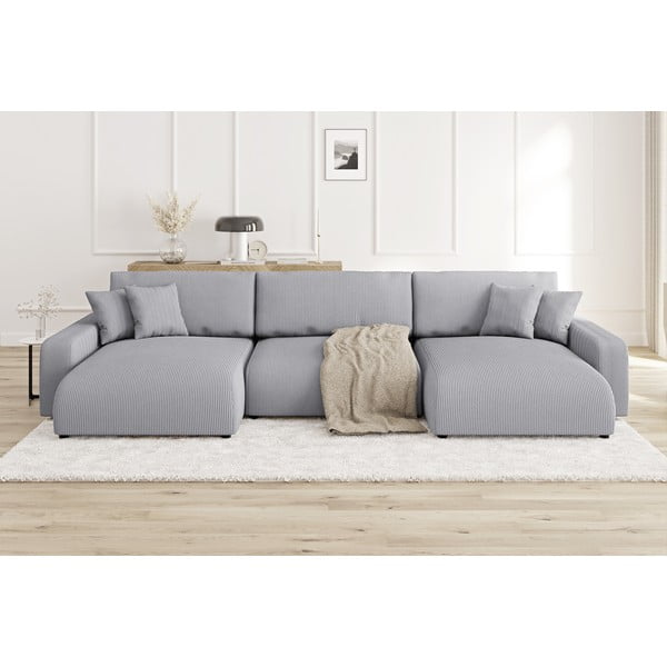 Светлосив ъглов диван с място за съхранение от рипсено кадифе Sara – Ropez-image-1