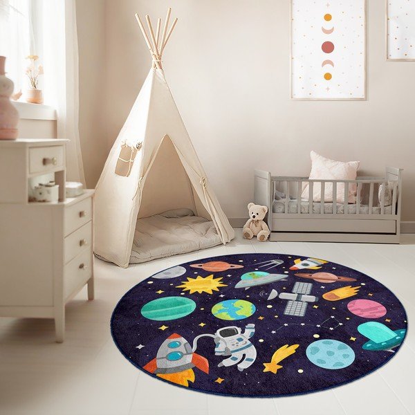 Тъмносиньо детско килимче за игра подходящо за пране ø120 cm Into The Space – Mila Home-image-1