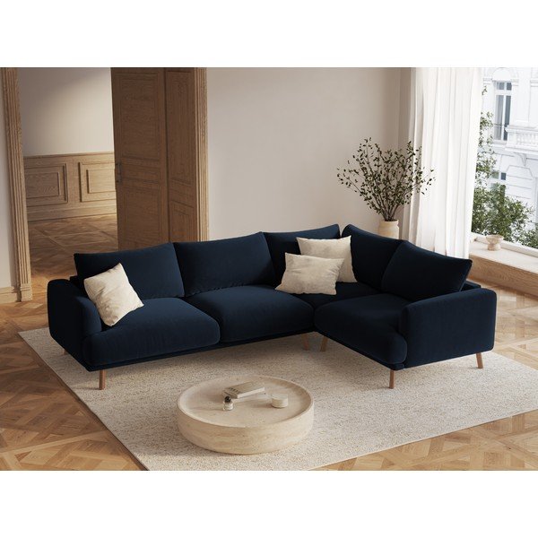 Тъмносин кадифен ъглов диван (десен ъгъл/L форма) Naomi – Micadoni -image-1