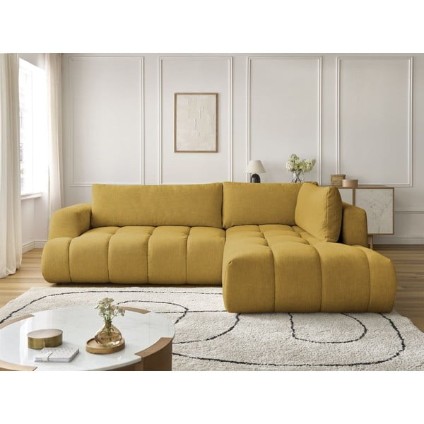 Сгъваем/с място за съхранение ъглов диван в цвят горчица (десен ъгъл/L форма) Fuji – Bobochic Paris-image-1