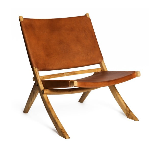 Кафяв стол в цвят коняк със структура от тиково дърво и седалка от кравешка кожа - Simla