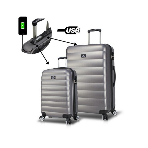 Комплект от 2 сиви пътнически куфара на колелца с USB портове My Valice RESSNO Cabin & Large - Myvalice-image-2