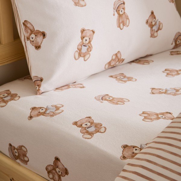 Кремав еластичен единичен фланелен детски чаршаф 70x140 cm Brushed Teddy Bear – Catherine Lansfield