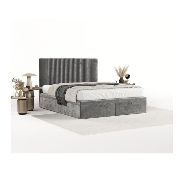 Сиво тапицирано двойно легло с място за съхранение 160x200 cm Mavel – Maison de Rêve-image-2
