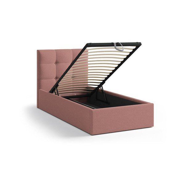 Розово единично легло 90x200 cm тапицирано с място за съхранение с включена подматрачна рамка Phaedra – Micadoni -image-1