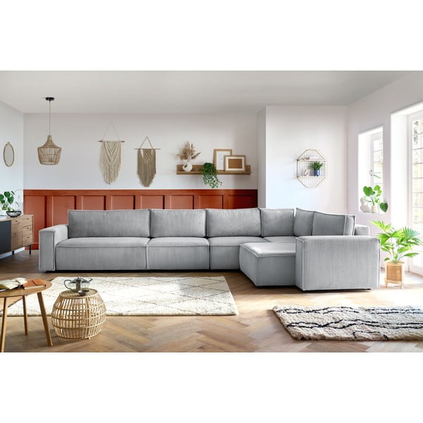 Светлосив ъглов диван от велур, десен ъгъл Nihad modular – Bobochic Paris-image-1