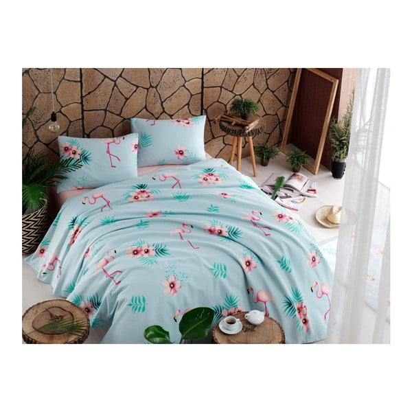 Комплект от памучна покривка за легло, чаршаф и 2 калъфки за възглавници Flamenco Mint, 200 x 235 cm - Unknown