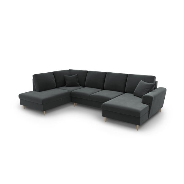 Тъмносив кадифен разтегателен ъглов диван с място за съхранение (ляв ъгъл/U форма) Kyoto – Cosmopolitan Design-image-1