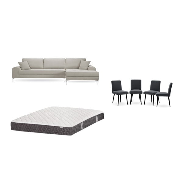 Комплект от кремав диван с мързелив диван отдясно, 4 антрацитно сиви стола и матрак 160 x 200 cm - Home Essentials