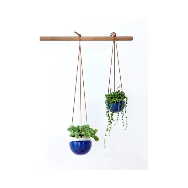 Modrý závěsný květináč se závěsem z kůže Ladelle, ⌀ 10,8 cm-image-1