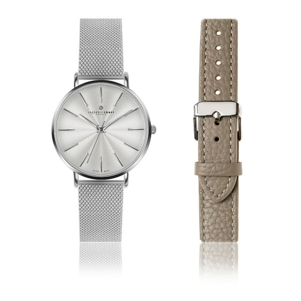 Комплект от дамски часовник от неръждаема стомана и сива каишка от естествена кожа Monte - Frederic Graff