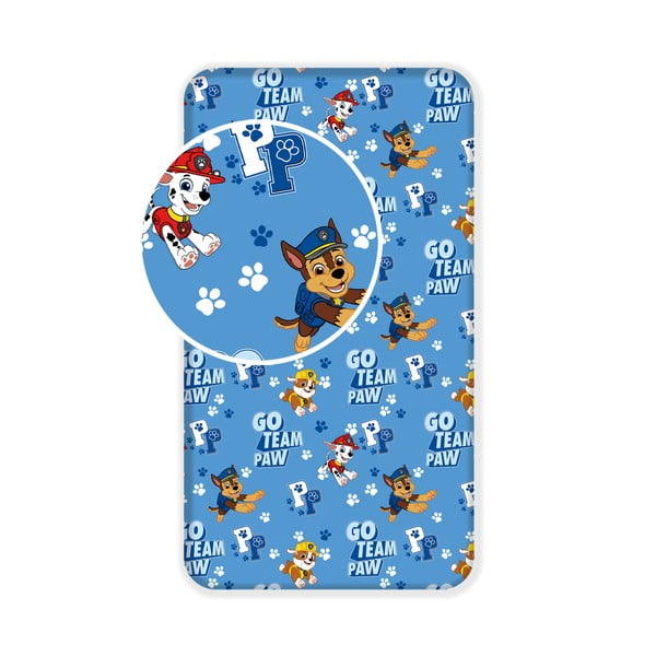Син еластичен памучен детски чаршаф 90x200 cm Paw Patrol – Jerry Fabrics