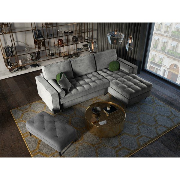 Светлосиво кадифено ъглово канапе, десен ъгъл Santo - Milo Casa-image-1