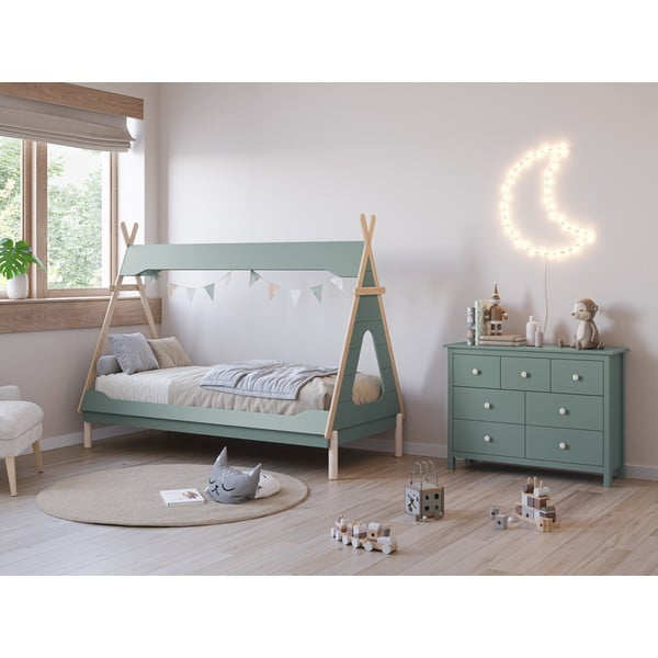 Детско легло тип къща от масивен бор в петролен цвят 90x190 cm Nora – Marckeric-image-1