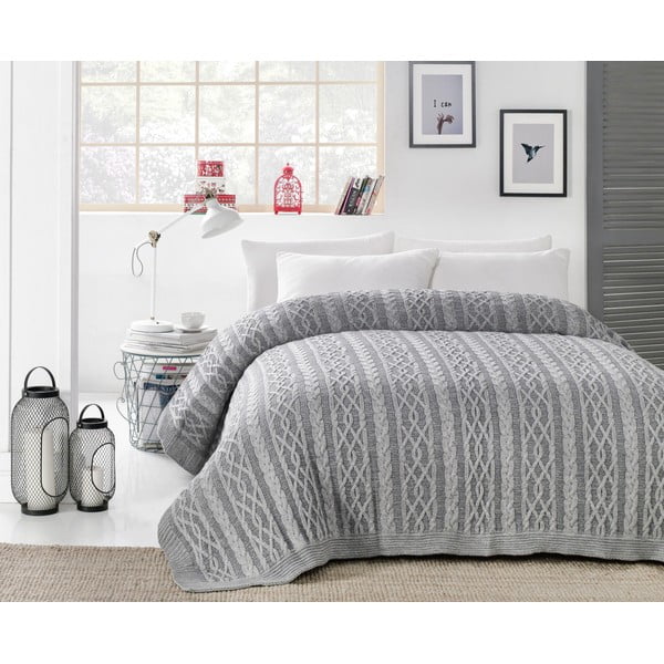 Сива покривка за легло със смес от памук Плетене, 220 x 240 cm - Homemania Decor