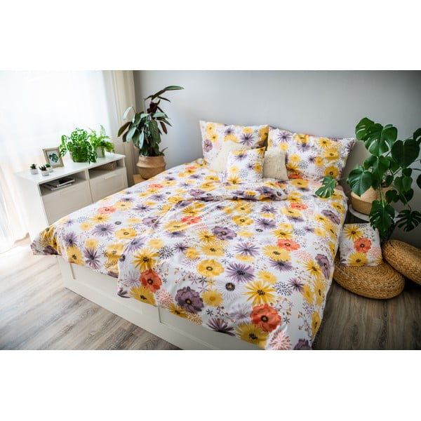 Жълто и бяло памучно спално бельо за единично легло 140x200 cm LP Dita Daisy - Cotton House