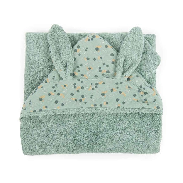 Светлозелена памучна бебешка кърпа с качулка 80x80 cm Trois Petits Lapins - Moulin Roty