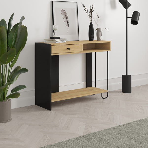 Конзолна маса с дъбов плот в черен и естествен цвят 35x100 cm Saturne - Marckeric-image-4