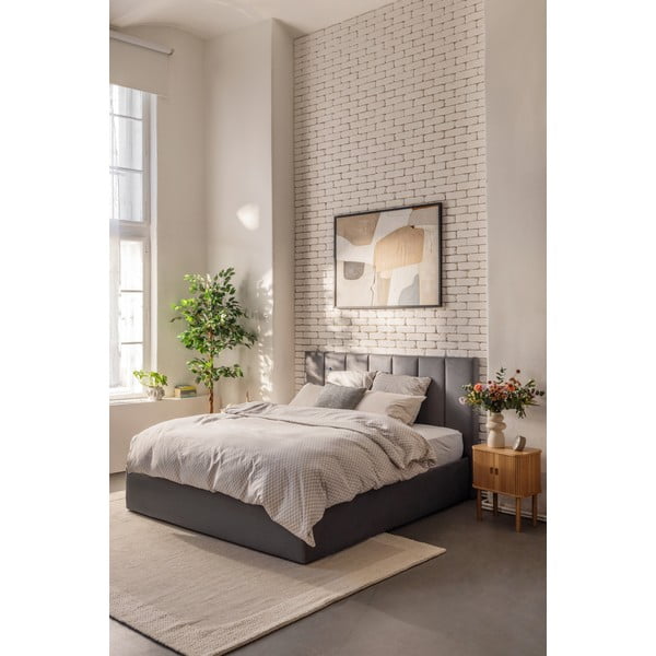Сиво тапицирано двойно легло с място за съхранение и включена подматрачна рамка 160x200 cm Thessa Bold Line – Bonami Selection-image-1