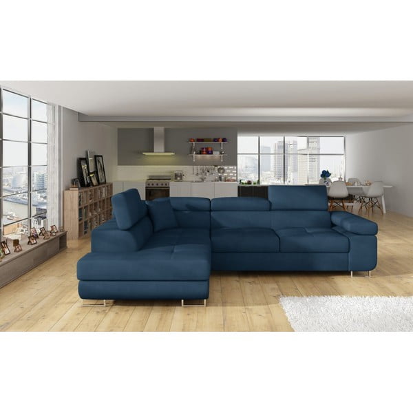Син кадифен разтегателен ъглов диван с място за съхранение (ляв ъгъл L форма) Anton – ELTAP-image-1