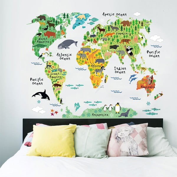 Детски стикер за стена Карта на света, 73 x 95 cm Animals of the World - Ambiance