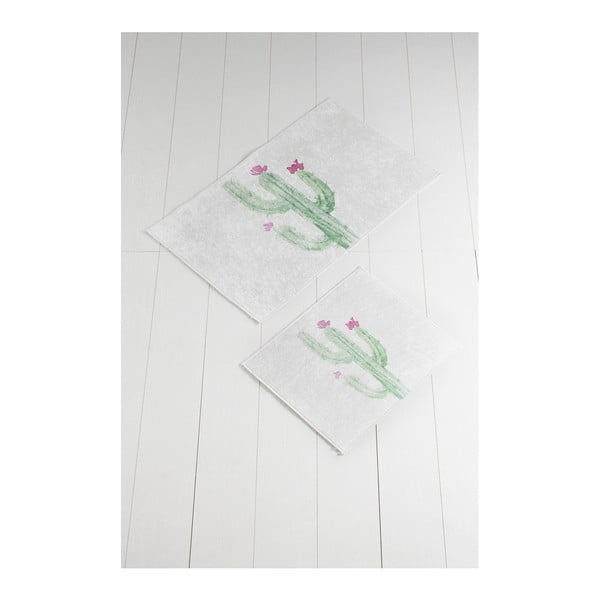 Комплект от 2 бели и зелени килимчета за баня Tropica Cactus III - Foutastic