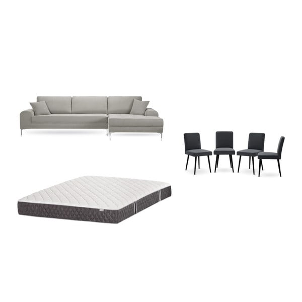 Комплект от светлосив диван с мързелив диван вдясно, 4 антрацитно сиви стола и матрак 160 x 200 cm - Home Essentials