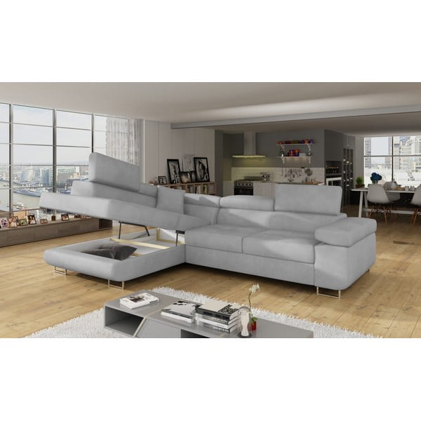 Светлосив кадифен разтегателен ъглов диван с място за съхранение (ляв ъгъл L форма) Anton – ELTAP-image-4