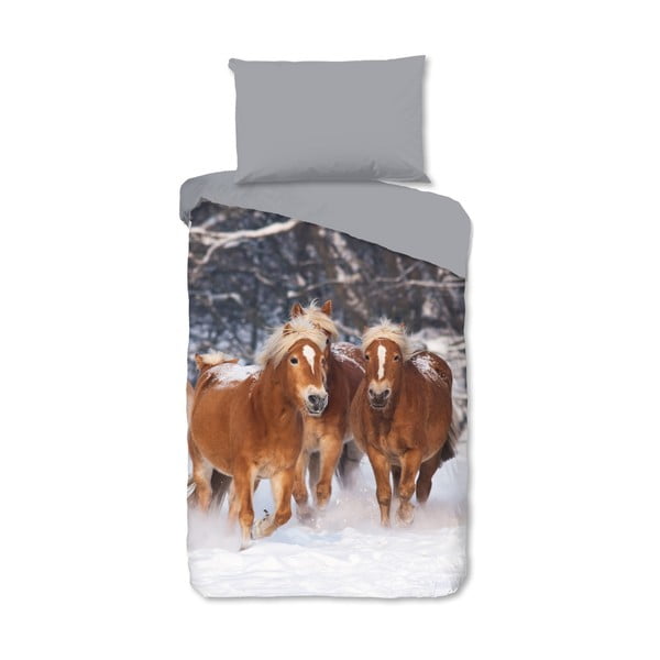 Сиво единично  фланелено детско спално бельо 140x200 cm Happy Horses – Good Morning
