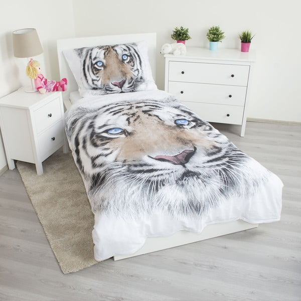 Бяло-сиво единично  памучно детско спално бельо 140x200 cm White Tiger – Jerry Fabrics-image-1