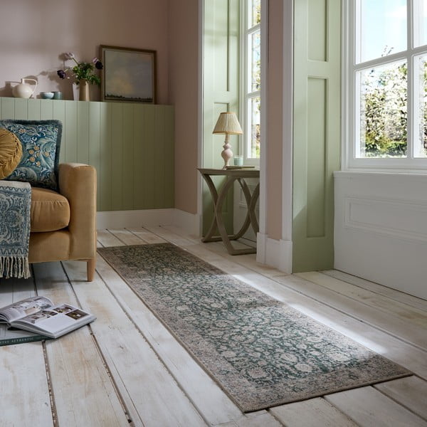 Зелена пътека подходяща за пране 60x230 cm Beau Floral – Flair Rugs-image-1