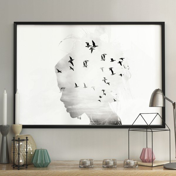 Плакат за стена в рамка GIRL/SILHOUETTE/BIRDS, 70 x 100 cm Girl Silhouette - DecoKing-image-1