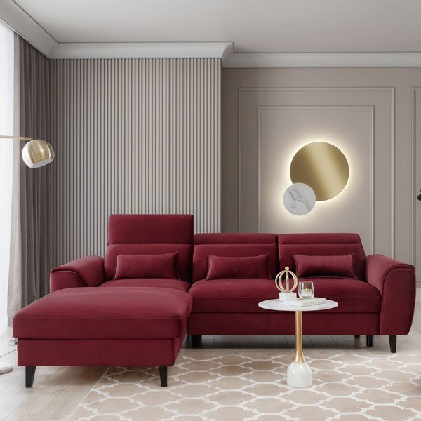 Червен  кадифен разтегателен ъглов диван с място за съхранение (ляв ъгъл) Foble – ELTAP-image-1