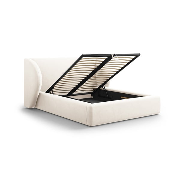 Бежово тапицирано двойно легло с място за съхранение с решетка 160x200 cm Miley - Micadoni Home-image-3