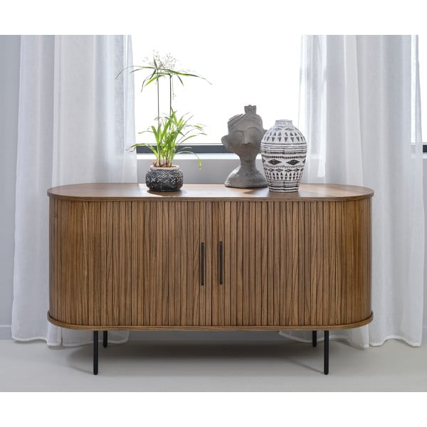 Кафяв нисък скрин от декор от дъб  с плъзгащи се врати 140x76 cm Nola – Unique Furniture-image-1
