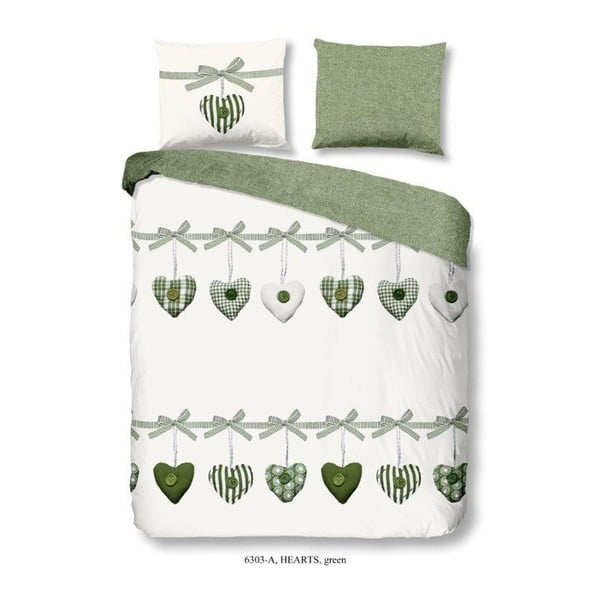 Зелено и бяло памучно спално бельо за двойно легло Hearts, 200 x 240 cm - Good Morning