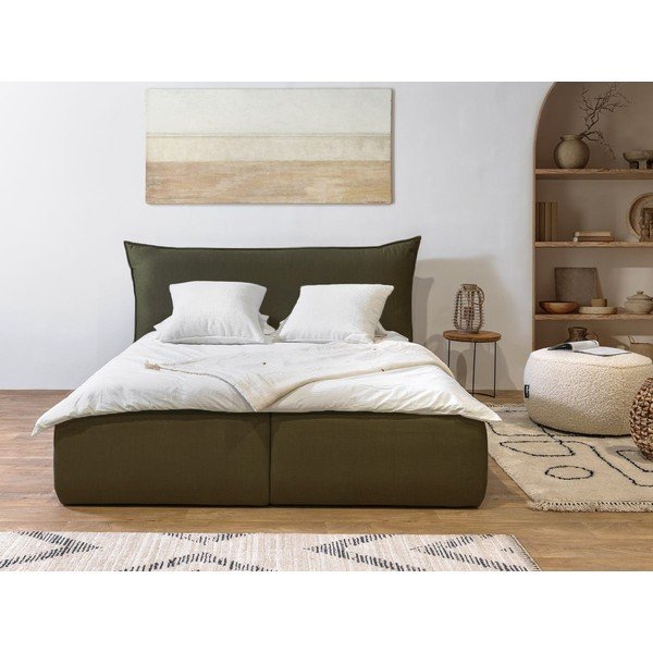 Тъмнозелено двойно легло 180x200 cm тапицирано с място за съхранение с включена подматрачна рамка Jade – Bobochic Paris-image-1