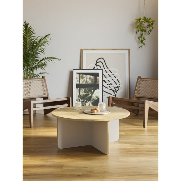 Кремава/естествена кръгла масичка за кафе с дъбов плот ø 80 cm Hillary – Marckeric-image-1