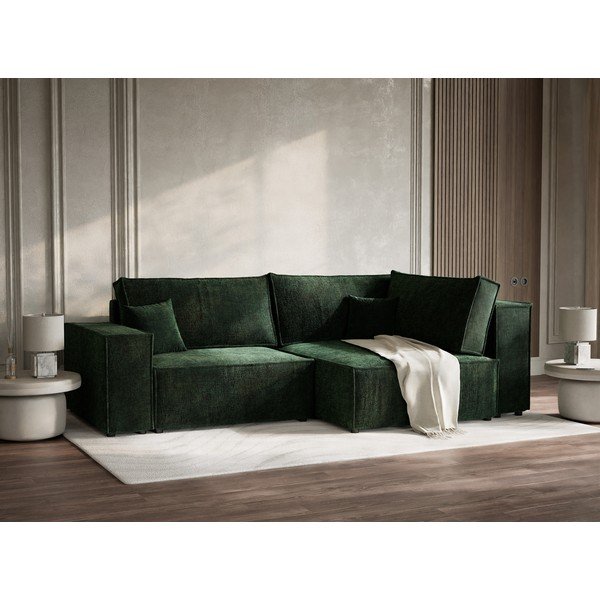 Тъмнозелен шенилов сгъваем/с място за съхранение ъглов диван (десен ъгъл/L форма) Tonga – Maison de Rêve-image-1