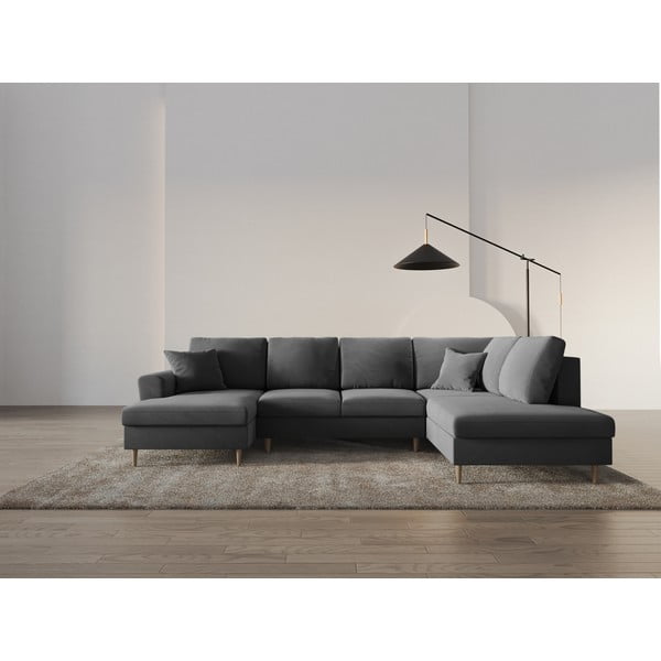 Светлосив кадифен разтегателен ъглов диван с място за съхранение (десен ъгъл/U форма) Kyoto – Cosmopolitan Design-image-2