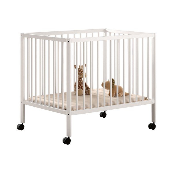 Бяла кошара за игра от масивен бук с регулируема височина/на колелца 95x75 cm Dino – Vipack